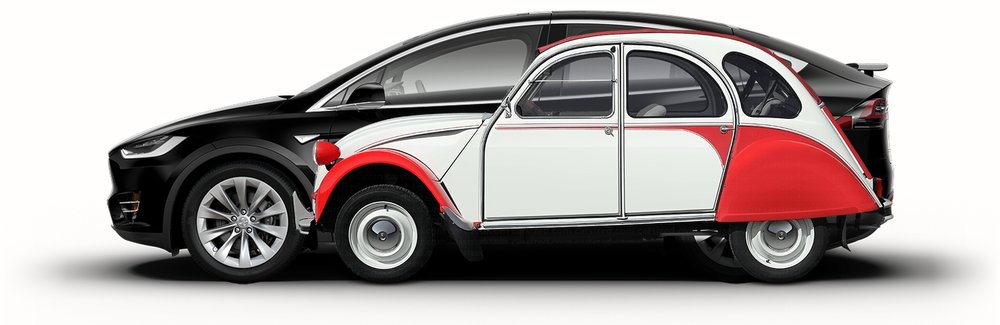 Une Citroën 2CV superposée à une Tesla Model X, à la même échelle : la Tesla dépasse nettement en longueur.