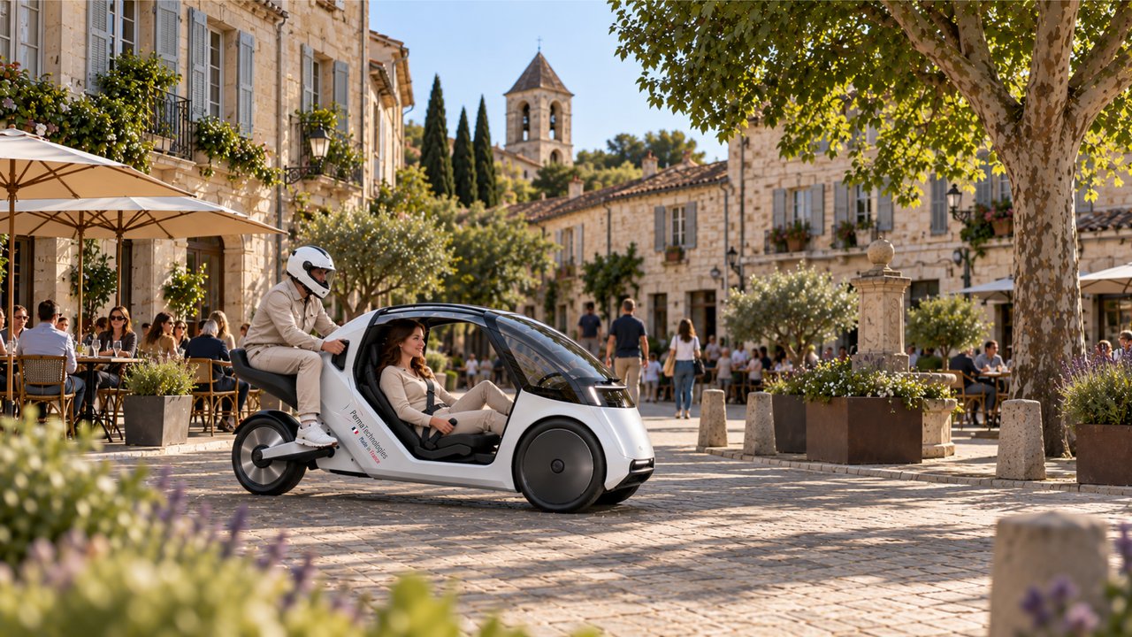 Vue d’artiste : un véhicule blanc et caréné à trois roues, avec deux occupants, traverse la place pavée d’un village provençal.