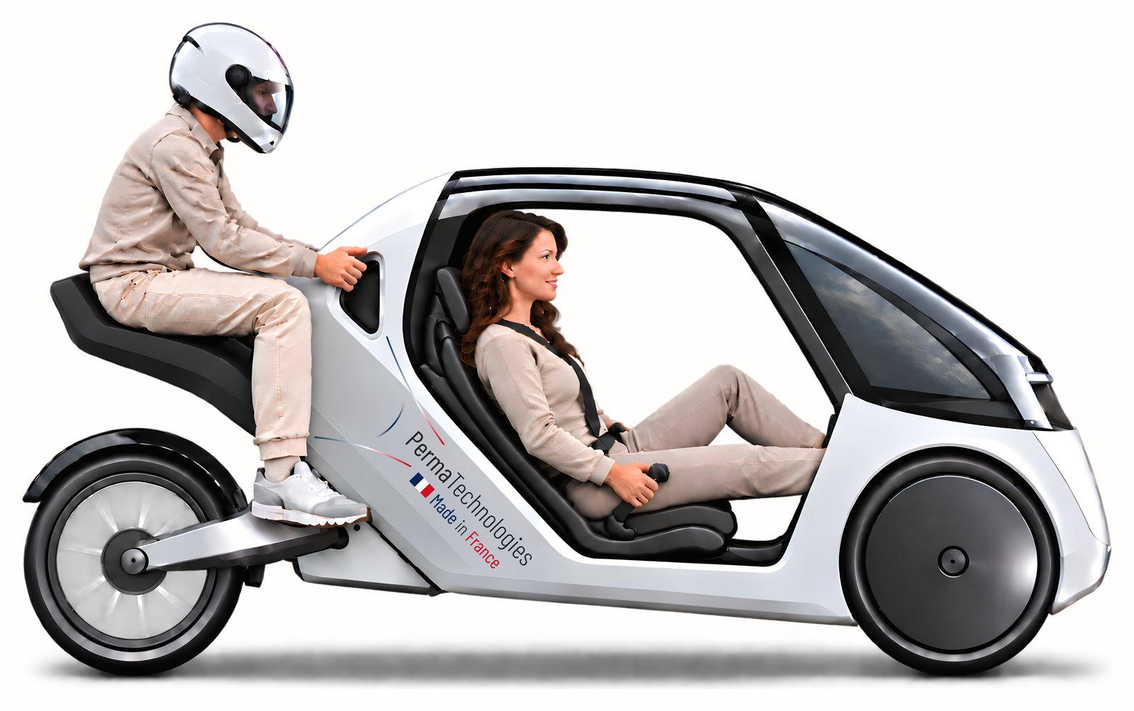 Concept art de l’USV vu de profil : une conductrice installée dans l’habitacle caréné et un passager casqué assis sur la selle arrière.